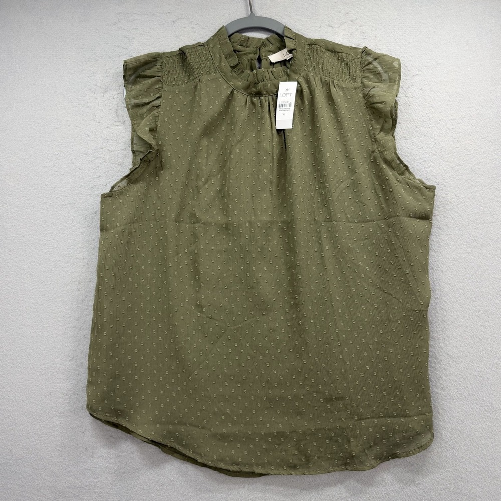 LOFT Olive Green Sleeveless Swiss Dot Ruffle Neck Blouse